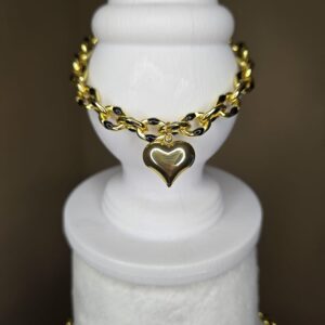 Gold & Black Chain-Link Bracelet w/ Heart Charm