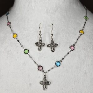 Silver Multi-colored Chain w/ Vintage Cross Charm Set
